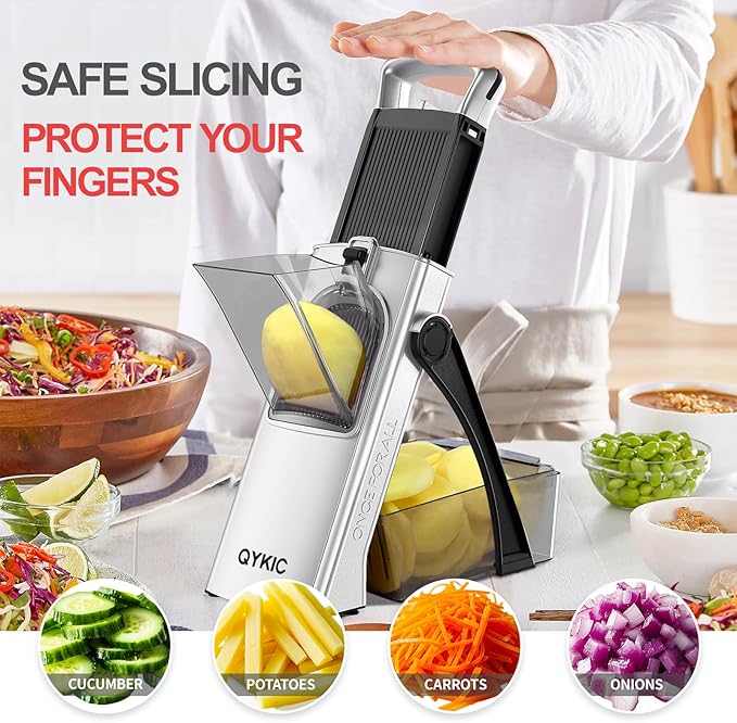 QYKIC Upgrade Safe Mandoline Slicer Biger, Adjustable Vegetable Chopper Potato Slicer, Detachable, Dishwasher Safe Kitchen Chopping Artifact for Meal Prep (BlackWhite)