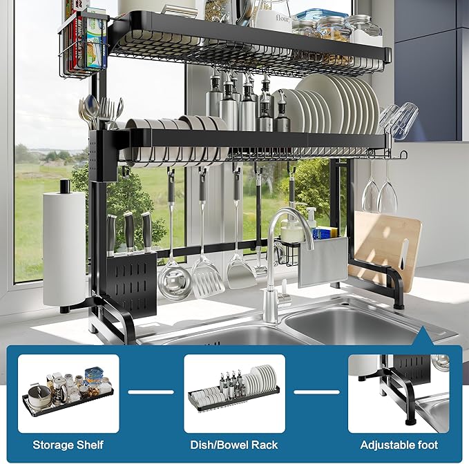 LIVOD Over The Sink Dish Drying Rack,3 Tier Adjustable Length Full Stainless Steel Large Storage Kitchen Dish Rack,for Kitchen Counter Expandable Multifunctional Organizers,Silver(25.5'' to 37.4'')