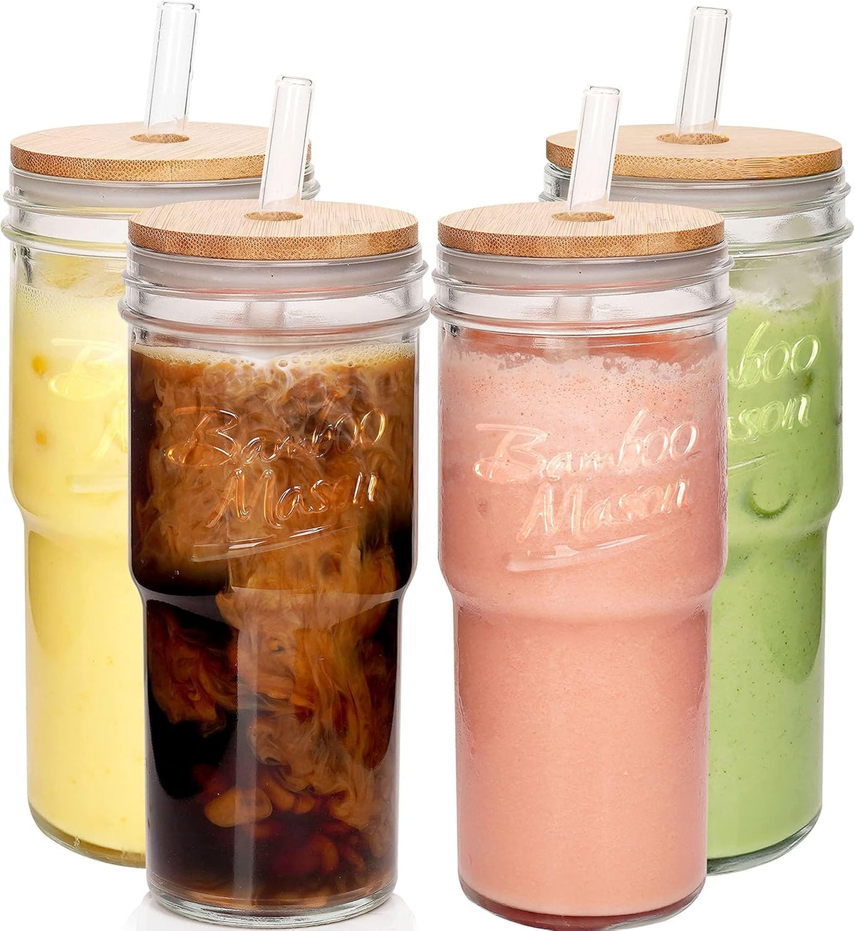 Glass Cups With Lids And Straws, Leakproof Tumbler 24oz Mason Jar Coffee Cup, Cap Cup Leak-Proof with Straw, Reusable Iced Coffee Smoothie Matcha Cup Aesthetic Coffee Gifts Women 4pc