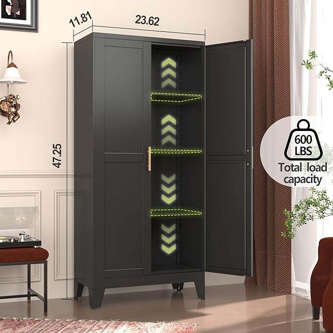 GAIOUS Metal Storage Cabinet With 2 Doors and 3 Adjustable Shelves, Black Kitchen Pantry for Food, Utility Cabinet for Laundry Room, Cupboard