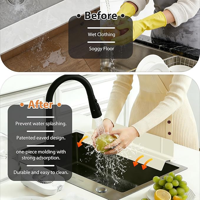 18Inch Sink Splash Guard – Extended Length & Tall Silicone Kitchen Sink Splash Guard with Overhang Drainage Design & Strong Suction Cups for Countertop (White, 18''x3.5'')