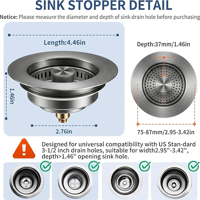 3-in-1 Kitchen Sink Drain Strainer and All-Purpose Scrub Sponges, Sink Stopper Pop-Up Drain Plug with Anti-Clogging Food Catcher Basket, Fits US Standard 3-1/2 Inch Sinks,Sponge Cleaning Dish