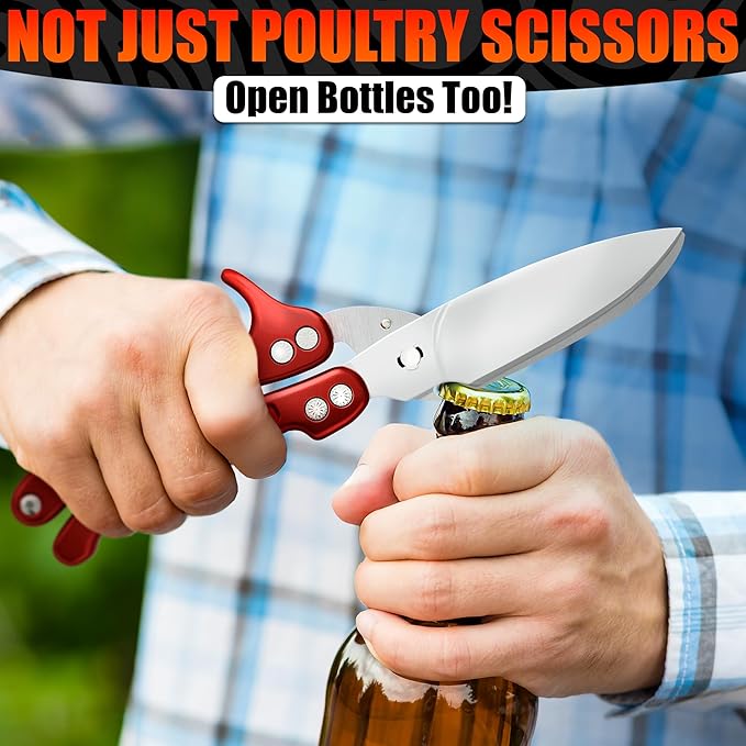Heavy Duty Poultry Shears – Kitchen Shears Dishwasher Safe, Spring-Loaded, 3Cr14 Steel, Micro-Serrated, Separates for Easy Cleaning | Bone Scissors for Chicken, Turkey, Seafood & Fish Scale (Red)