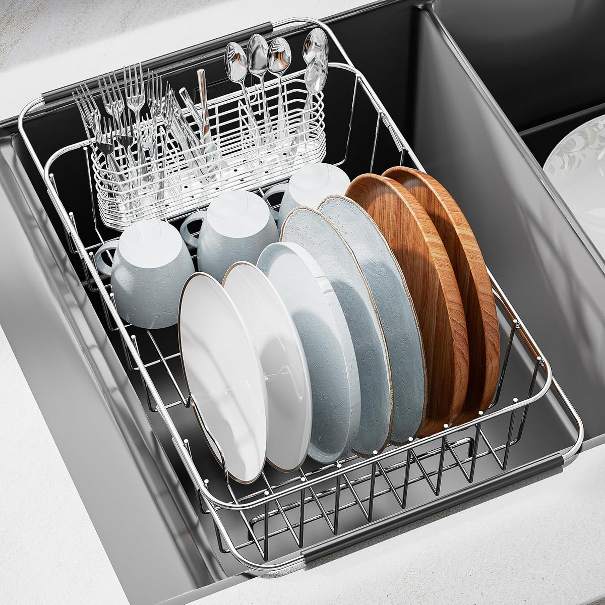 Over Sink Dish Drying Rack, Expandable 14.96"–22.44" Adjustable Dish Rack for Kitchen Sink, 304 Stainless Steel Dish Drainer with Utensil Holder, Space Saving for Most Standard Kitchen Sinks