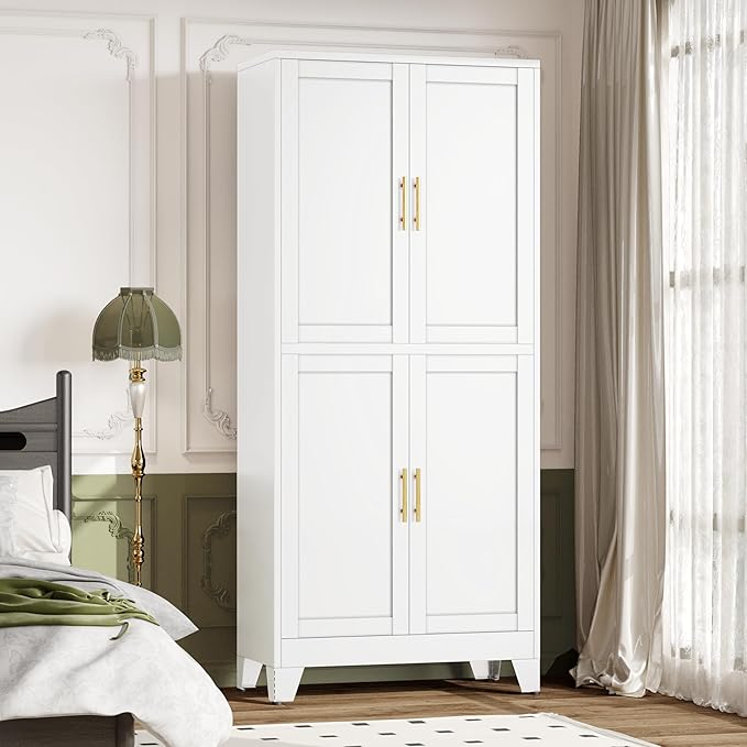 winiowa 75" Tall Kitchen Pantry Cabinet, Metal Storage Cabinet with Doors and Adjustable Shelves, White Freestanding Pantry Cabinet for Kitchen, Dining Room, Living Room, Laundry Room, Bathroom