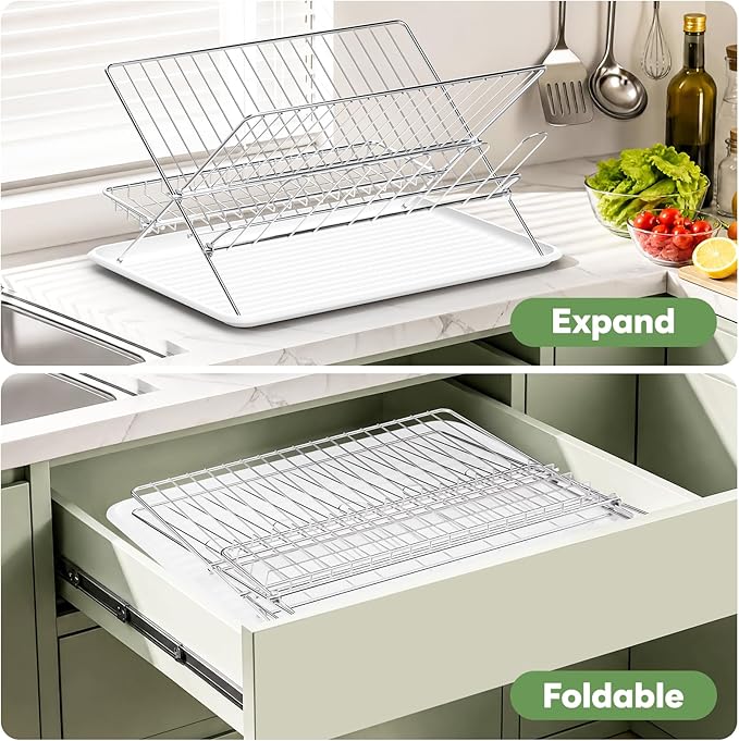 Dish Rack with Drip Tray, Stainless Steel 3-Tier Collapsible Drainer Dish Drying Rack for Kitchen Counter, Sink, Countertop,Cutlery, Dishes Utensils Flatware Holder Set, Reversible Cup Draining Rack