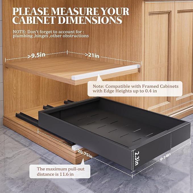 Seinloes 4 Pack Expandable Pull Out Cabinet Organizer 21" Deep With Raising Pad for Framed Cabinets,Upgrade 3 Slide Rails Slide Out Drawers,No Drill Roll Out Shelves,Adjustable Width 9"-14" Black