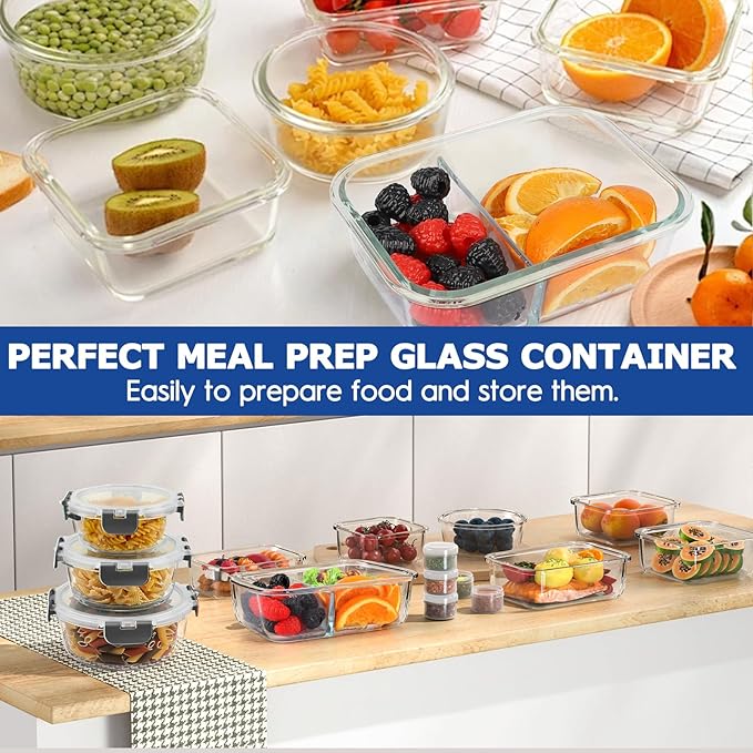 AMALEKO 42pcs Glass Food Storage Containers with Lids Set, 21 Containers & 21 Lids Glass Meal Prep Containers with Snap Locking Lid Set, Leak Proof Lunch Container BPA-Free,Grey