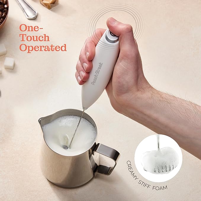 Powerful Handheld Milk Frother, Mini Milk Foamer, Battery Operated Stainless Steel Drink Mixer with Frother Stand