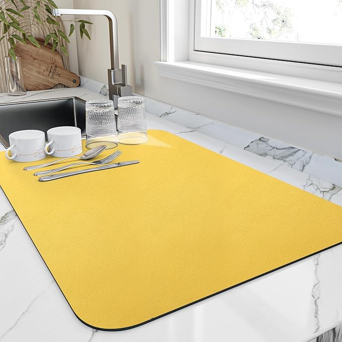 HotLive Dish Drying Mat for Kitchen Counter, Heat Resistant Drainer Mats with Non-slip Rubber Backed, Hide Stain Kitchen Super Absorbent Draining Mat, Easy to Clean Dish Rack Pad, Yellow 18"x24"