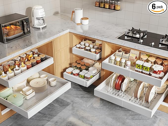 Seinloes 6 Pack Pull Out Cabinet Organizers 21" Deep With Raising Pad for Framed Cabinets, Expandable Slide Out Drawers with 4pcs Divider Racks, Roll Out Shelves, Adjustable Width 12"-20.45" White