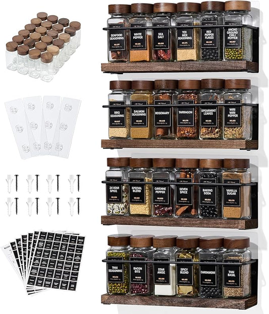4-Tier Wall Mount Spice Rack Organizer with 24 Glass Jars, 216 Labels & Funnel - Screw/Adhesive Mount, Black Metal & Wood Spice Storage for Kitchen Pantry Cabinet, 11.6”W x 2.4”D x 3.2”H