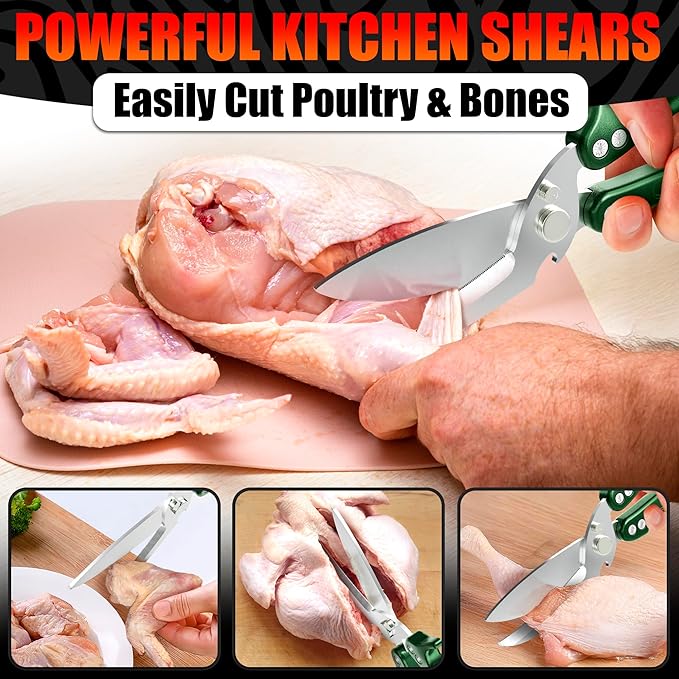 Heavy Duty Poultry Shears – Kitchen Shears Dishwasher Safe, Spring-Loaded, 3Cr14 Steel, Micro-Serrated, Separates for Easy Cleaning | Bone Scissors for Chicken, Turkey, Seafood & Fish Scale (Green)