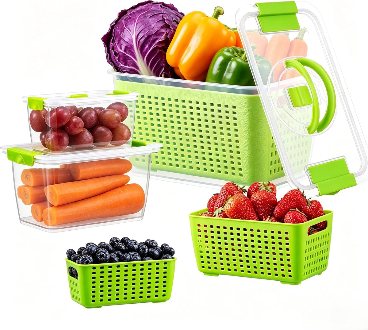 Produce containers for fridge,3 Set Fruit Containers with Removable Colander, BPA-Free Produce Saver Containers with Lids Dishwasher&Microwave Safe Keep Fruits, Vegetables, Berry, Fresh Longer