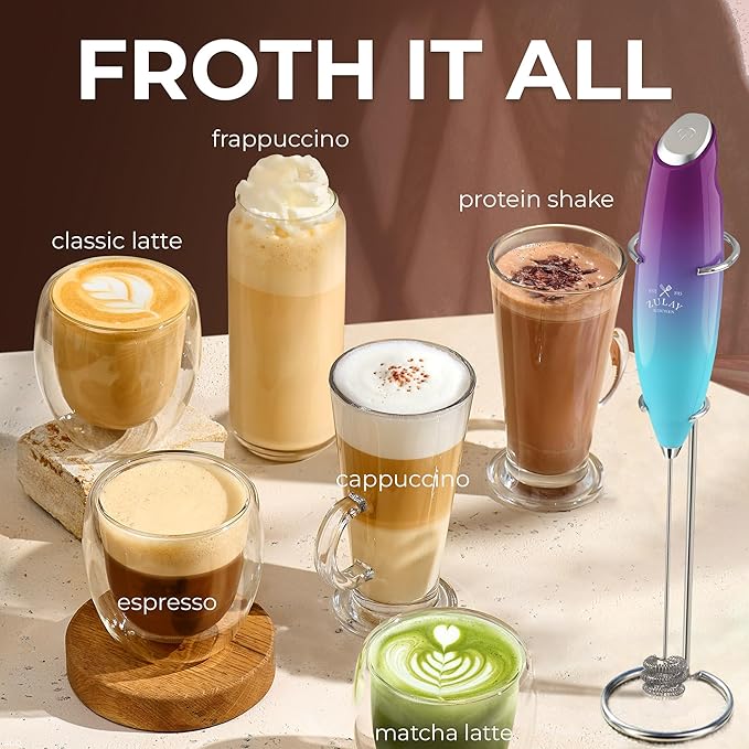 Zulay Kitchen Powerful Milk Frother Wand With Duracell Batteries - Ultra Fast Handheld Drink Mixer - Electric Whisk Foam Maker for Coffee, Lattes, Cappuccino & Matcha - Triple Whisk - Lunar Aurora