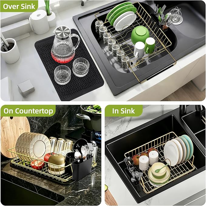 Golden Expandable Dish Drying Rack with Silicone Drying Mat-Extra Large Stainless Steel Dish Drainer Over The Sink with Utensil Holder, Applicable for Sink Width 16'-22' (Gold,23.2'*12.2')
