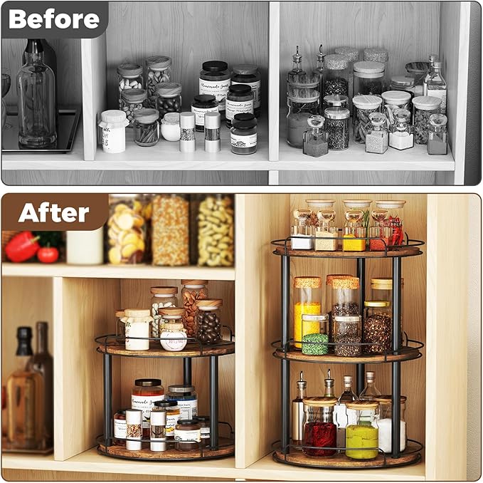 LAMU 12'' Wood Lazy Susan Turntable Organizer for Cabinet, 2 Tier Lazy Susan Spice Rack Organizer for Kitchen, Table Top, Countertop, Pantry, Bathroom