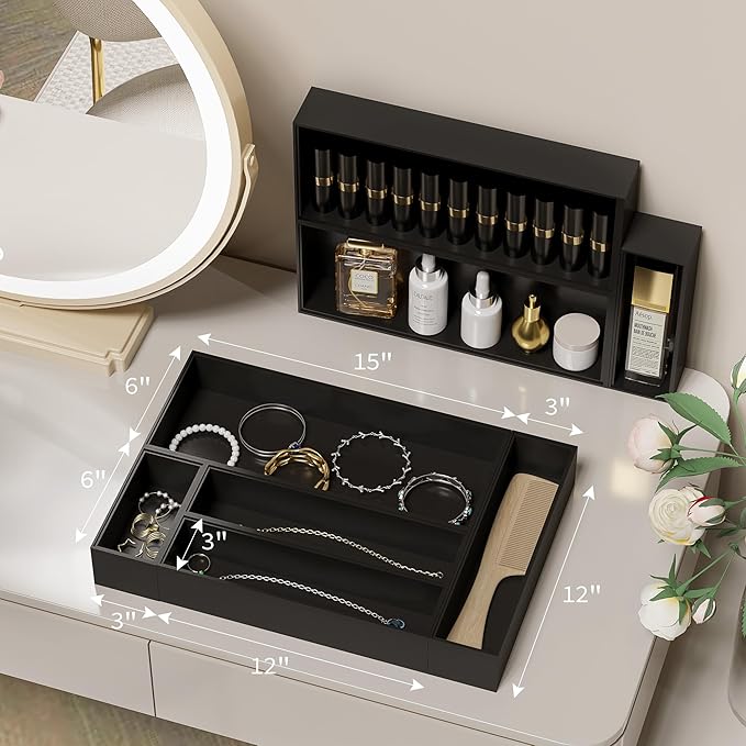 Kitchen Drawer Organizer Bins, Black Bamboo Drawer Organizer Stackable for Silverware, Utensils, Cutlery, Flatware, for Junk Drawer, Dresser, Bathroom