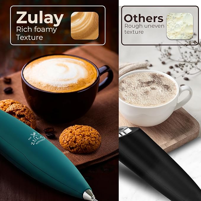 Zulay Kitchen Powerful Milk Frother Wand With Duracell Batteries - Ultra Fast Handheld Drink Mixer - Electric Whisk Foam Maker for Coffee, Lattes, Cappuccino & Matcha - Triple Whisk - Reign Emerald
