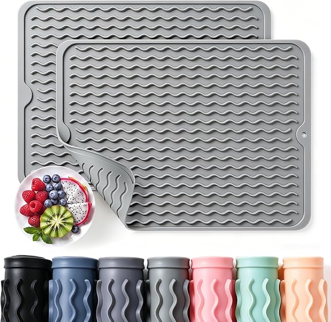 CAKETIME 2 Pack Silicone Dish Drying Mat for Kitchen Counter Heat Resistant Quick Dry Pads Hot Dishes Waterproof with Under Sink Rack Soap Holder Coffee Accessories 15"x11.5" Light Gray
