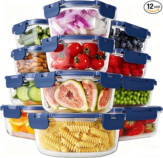HOMBERKING 24pc Glass Food Storage Containers with Lids, Glass Meal Prep Containers, Airtight Bento Boxes, BPA Free & Leak Proof, Pantry Kitchen Storage(12 lids & 12 Containers) - Deep Blue
