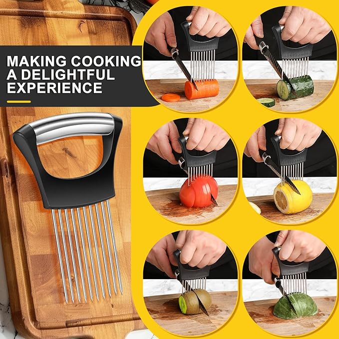 Premium Onion Slicer, Stainless Steel Onion Holder for Slicing, Kiwifruit, Tomatoes, Avocados, Eggs, Lemon, Meat, Potato, Third Generation Onion Cutter with Protective Cover