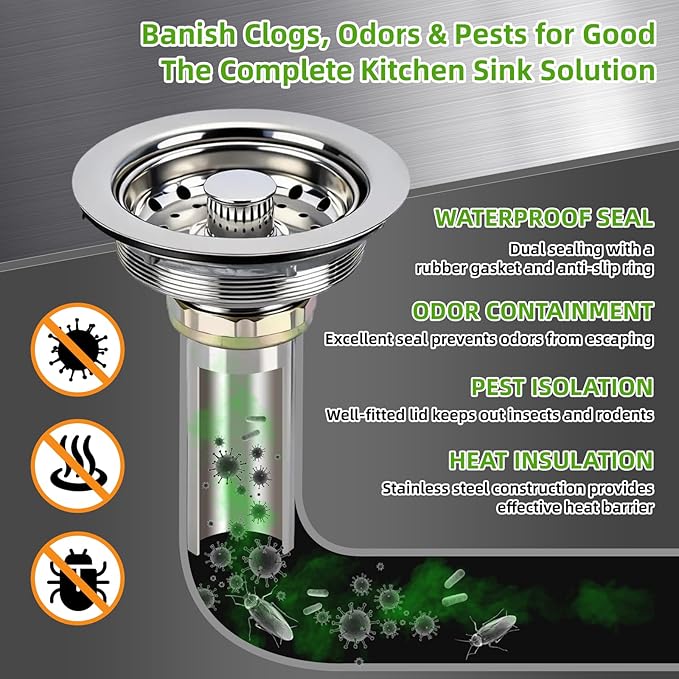3 In 1 Kitchen Sink Drain Assembly, Stainless Steel Basket Strainer, 3-1/2 Inch Sink Drain Stopper Plug, Threaded Plastic Sink Strainer Tailpiece 1-1/2 in