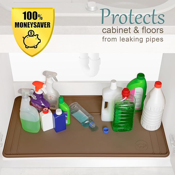 The Original Under Sink Mat - Silicone Waterproof mat, Trimmable, Easy to Clean, Kitchen cabinet liner, Under sink protector mats, Drip Tray with Lip (Brown, 31" x 22")