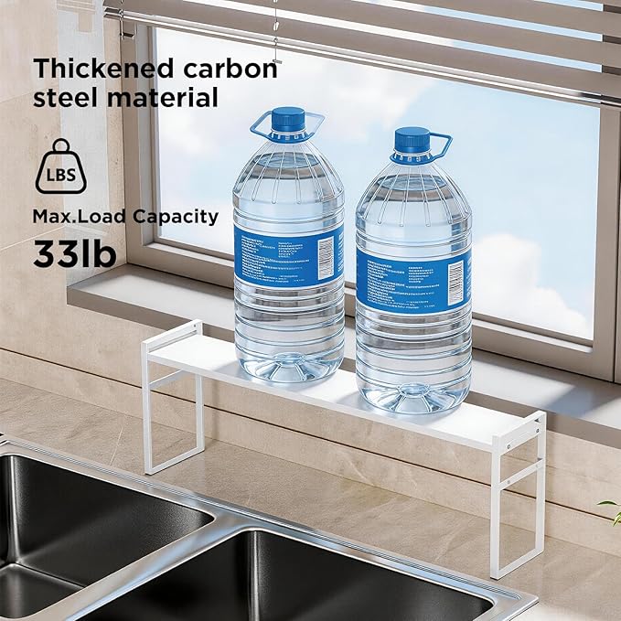 2 Tier Expandable Stackable Narrow Shelf Organizer, Tall Countertop Organizer for Tight Spaces, Windowsill Plant Stand, Over-Sink/Faucet Shelf, Kitchen Storage, Bathroom Vanity, Laundry Room (White)