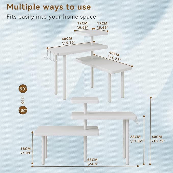 IBUYKE Countertop Organizer,3-Tier Spice Racks,Kitchen Counter Corner Shelf,4 Side Hooks,Adjustable Countertop Shelf for Kitchen, Bathroom, Coffee Bar, Cabinet, Desk,White,TLJ023W