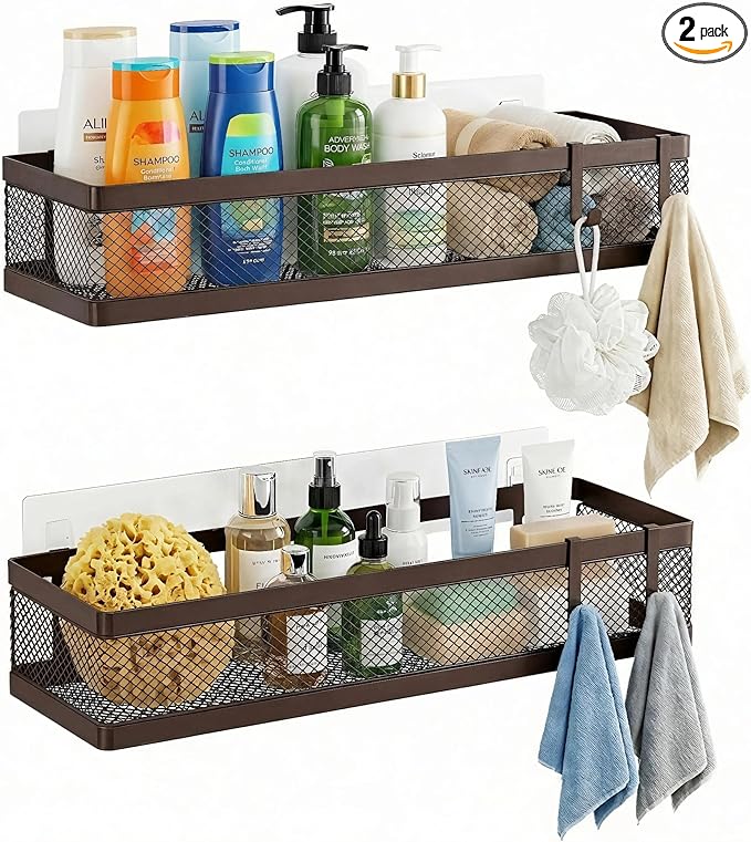 PUSDON 16.5-Inch Extra Long Slim Mesh Shower Caddy, Wall Mounted Bathroom Organizer with Adhesive, Heavy Duty Rustproof Shelf for Narrow Kitchen Pantry & RV, Holds 50 LBS Bronze -2 Packs Netting