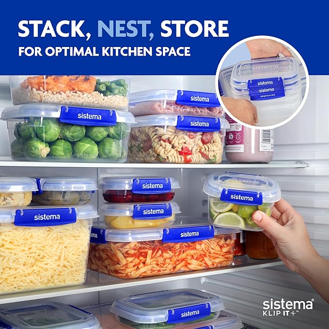 Sistema KLIP IT+ 3.35L Rectangle Food Storage Containers (3-Pack), Stackable & Airtight Food Boxes with Lids, Dishwasher, Freezer, & Microwave-Safe, BPA-Free, School Lunch Boxes
