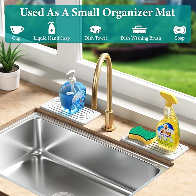 Water Absorbing Stone Tray, Quick Drying Diatomite Bathroom Tray Countertop, Stone Drying Mat for Kitchen Counter, Soap Dish Dispenser Vanity Organizer, White-A-9.8" x 4"