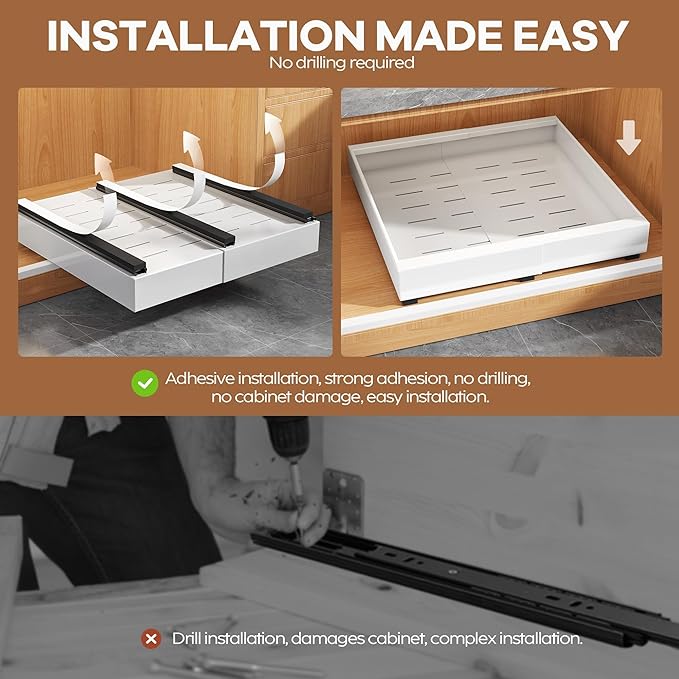Seinloes 6Pack Expandable Pull Out Cabinet Organizer 21"Deep With Raising Pad for Framed Cabinets,Slide Out Drawers with 4pcs Divider Racks,Roll Out Shelves Adhesive,Adjustable Width 12.05"-20.4"White