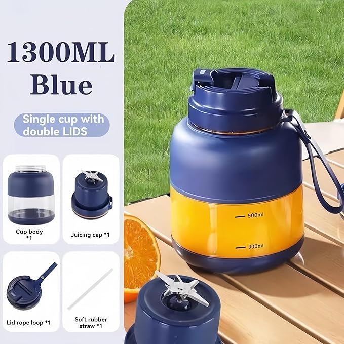 Portable Wireless Juicer Cup, 28/45Oz 180W 38 Blades USB Rechargeable Blender, Dual Lid Leakproof Compact Travel Juicer Cup for Shakes Fruits Vegetables Office Outdoor (Blue-1300ml)