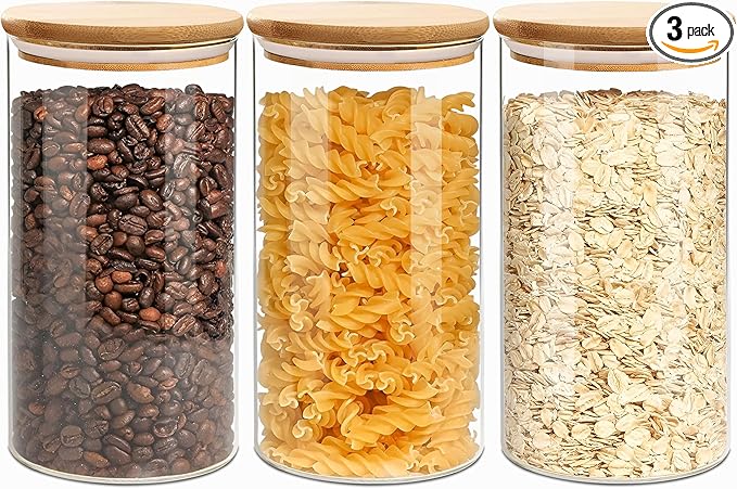 VIEWELLD 1.5 Qt Round Glass Storage Containers with Lids, Clear Food Storage Container Jar with Sealing Bamboo Lid for Noodles Flour Cereal Rice Sugar Tea Coffee Beans, Round Set of 3