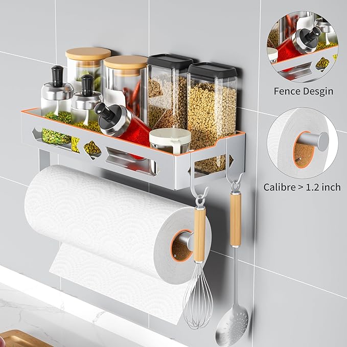 Paper Towel Holder Wall Mount, MAYZOLOP Easy One-Hand Tear Design Paper Towel Holder with 2 Hooks, Fits Kitchen, RV, Bathroom, Self-Adhesive or Drilling Installation, Silver