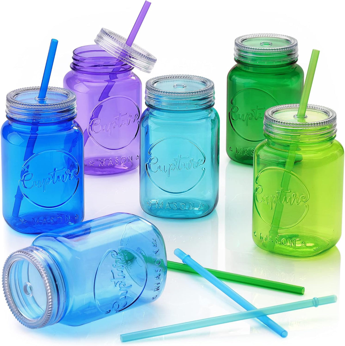 Acrylic Mason Jar Tumbler Mugs with Lids & Straws - 20 oz, 6 Pack (Cool Lagoon)