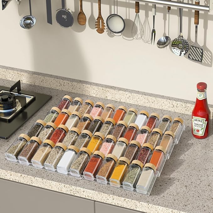Suneerplay Spice Drawer Organizer 8 Tier, Acrylic Seasoning Organizer Rack, Clear Spice Rack Tray, Kitchen Seasoning Jars Drawers Insert (Jars Not Included/Expandable From 9" to 18")