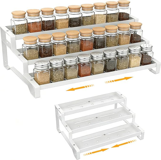 3-Tier Spice Rack Organizer, 13"-21.5" Expandable Spice Organization Shelf, Metal Seasoning Organizer for Kitchen Countertop or Pantry, Slip-Resistant Design for Jars and Bottles, White