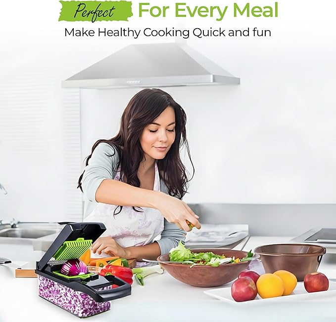 Vegetable Chopper - 14 In 1 Multifunctional Food Chopper with Container - Vegetable Cutter with Container for Salad - Kitchen Gadgets & Essential Kitchen Tool Set for Onion, Potato, Fruits & Veggies
