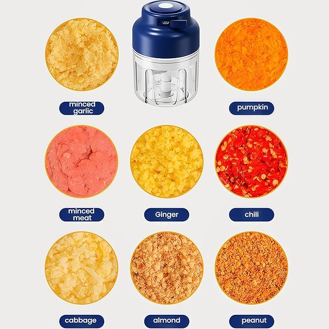 2026 Upgrade Electric Garlic Chopper Mini, 320 ml Small Garlic Chopper Mincer with 6 Stainless Steel Blades, Portable Rechargeable Cordless Chopper for Onion,Chili,Ginger,Nuts,Meat & Fruits (Blue)