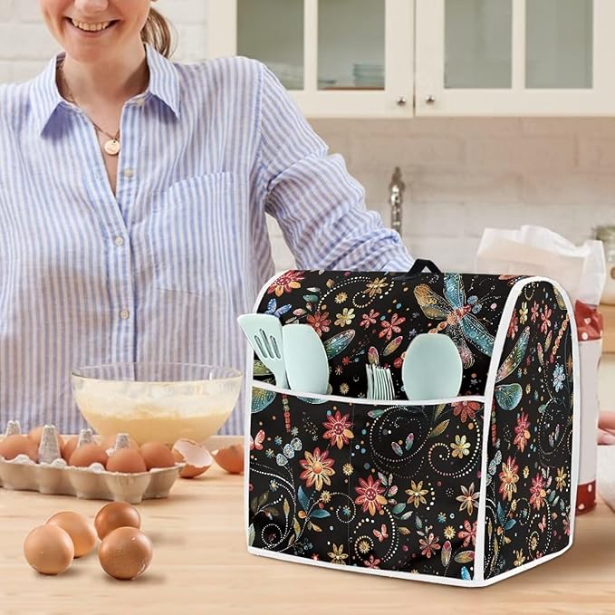 Dragonfly Mixer Cover | Easy-to-Clean Dust Protector with Handle & Pockets | 4.5-5 Quart Kitchen Appliance Protector for Home Decor