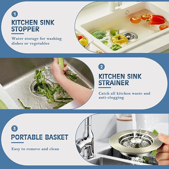 Kitchen Sink Drain Strainer 3 in 1, 304 Stainless Steel Pop Up Sink Stopper, Anti-Clogging Sink Drain Strainer for US Standard Kitchen Drain (Light Bronze)