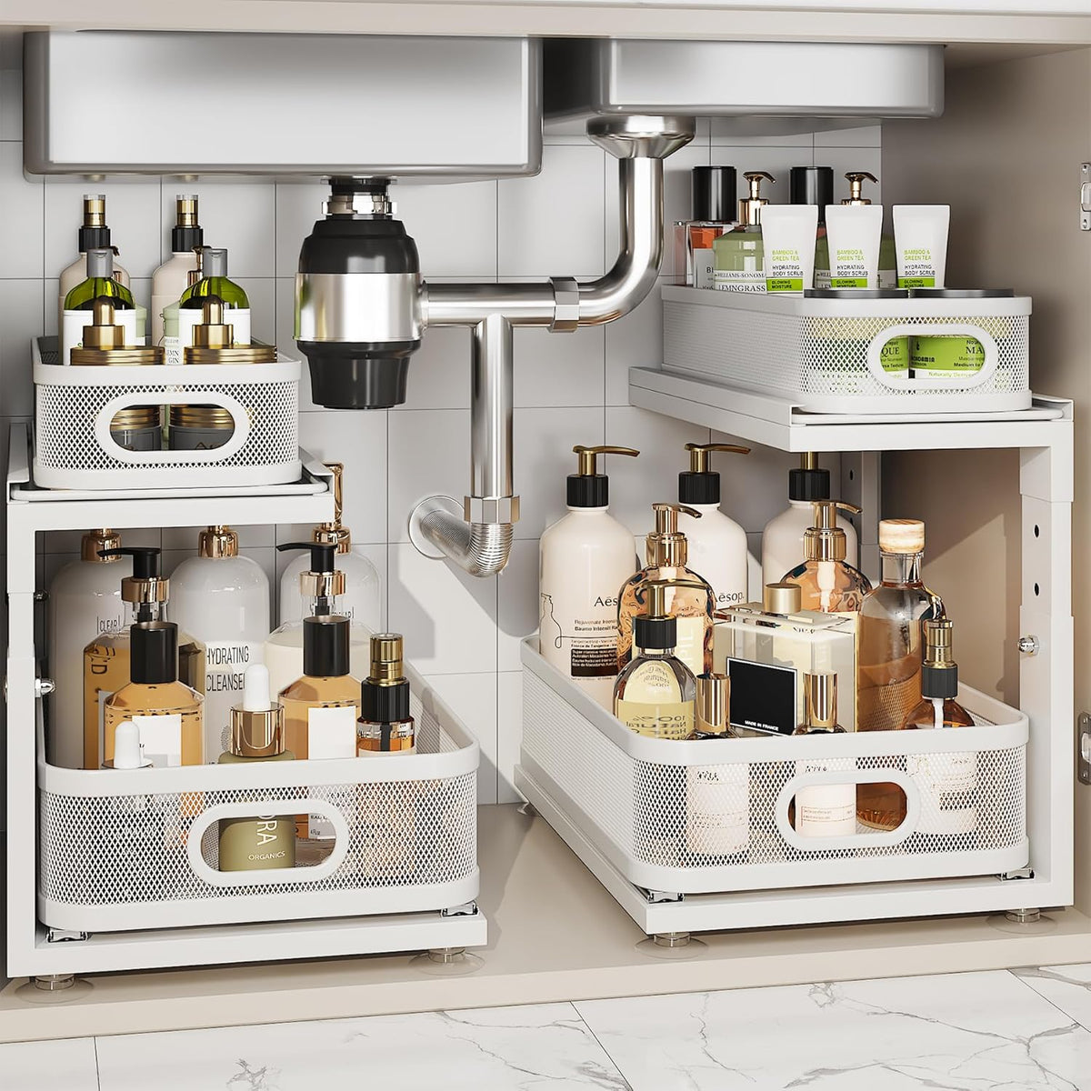 2 Pack Under Sink Organizer With Next-Gen Ball-Bearing Slides,2-Tier Precision Mesh Pull Out Cabinet Drawers Storage for Bathroom&Kitchen,Height Adjustable Shelf,Rust-resistant-Patent Pending