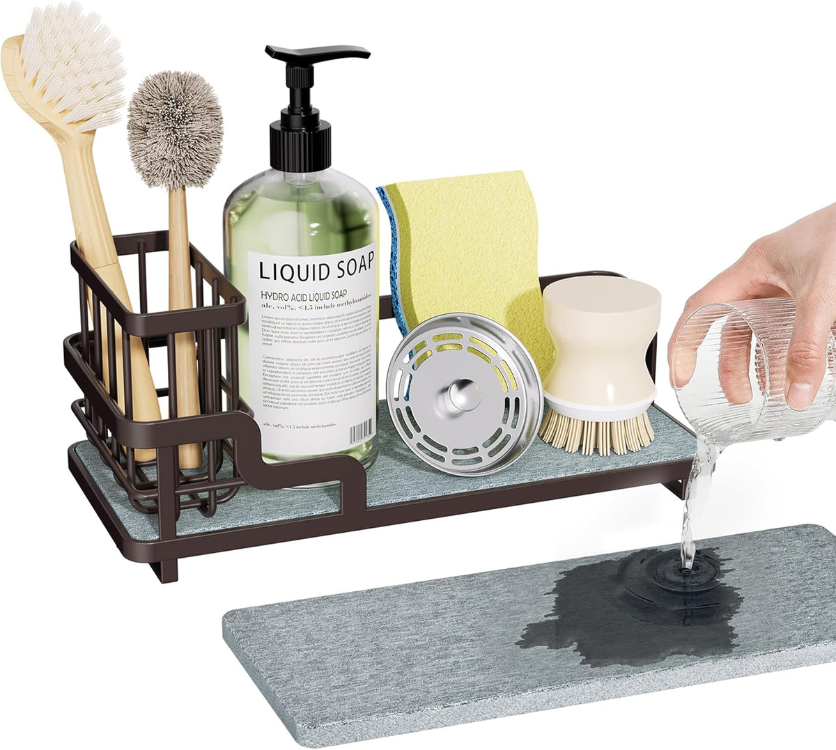 Sponge Holder for Kitchen Sink - Sink Caddy Organizer with Water Absorbing Stone Tray, Detachable Brush Holder, Stainless Steel Kitchen Counter Organizer Rack, Bronze