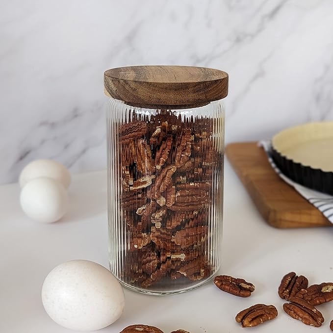 Mason & Fable Ribbed Glass Jar, Stackable & Airtight Wooden Lid- Storage Canister for Cookies, Treats, Tea or Sugar - High End Look for Kitchen, Pantry, Bar or Bathroom -27 fl oz, Single
