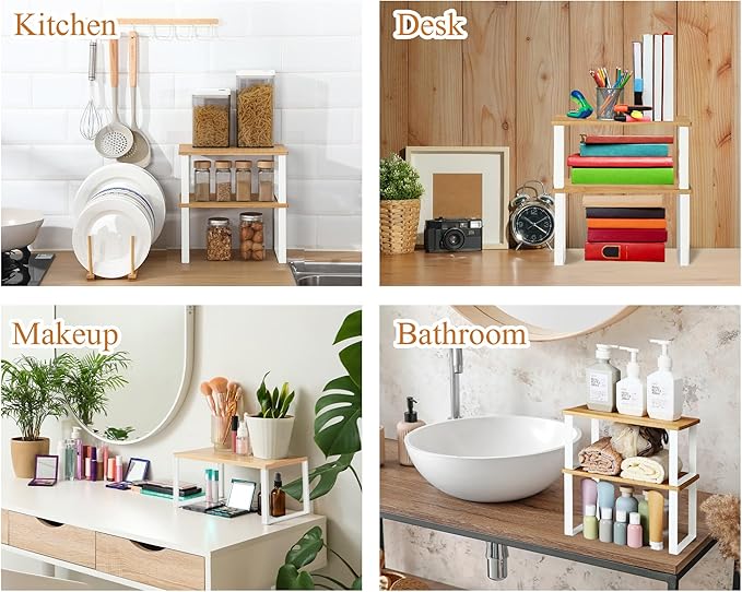 Marsui 4 Pcs Kitchen Organizer Accessories Set Cabinet Organizer Shelf and Bamboo Dish Drying Plate Rack Counter Shelves Storage Holder for Spice Rack, Dish, Pot Lid, Bowl, Cup(Wooden Color)