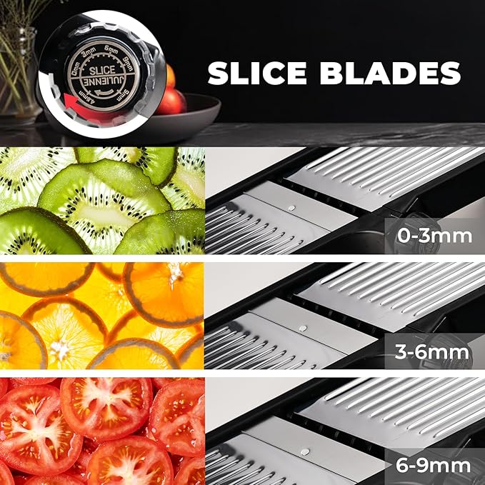 Adjustable Mandoline Slicer 5-in-1 Stainless Steel Vegetable Cutter with Ultra Sharp Blades, Julienne Slicer & Shredder for Potato, Onion