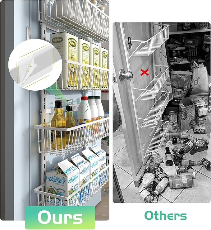 Mefirt Over The Door Pantry Organizer, Pantry Organization and Storage, 6-Tier Deep Baskets Hanging Heavy-Duty Metal, Wall Spice Rack Seasoning Shelves for Home & Kitchen, Laundry Room Bathroom, White